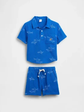 Conjunto de polo y pantalones cortos de gasa de algodón para bebés y niños pequeños