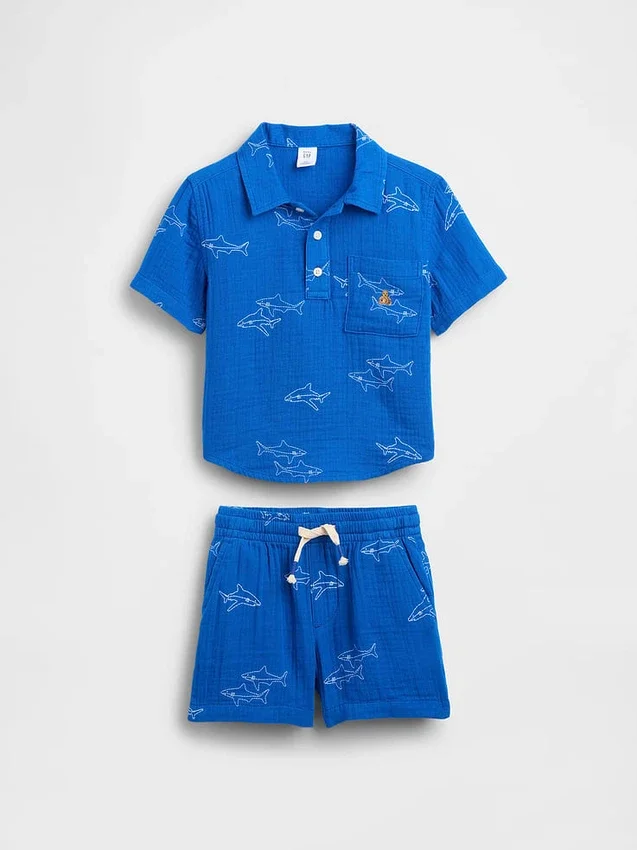Conjunto de polo y pantalones cortos de gasa de algodón para bebés y niños pequeños
