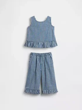 Conjunto de vaqueros a cuadros vichy con bajo con volantes para bebés y niños pequeños