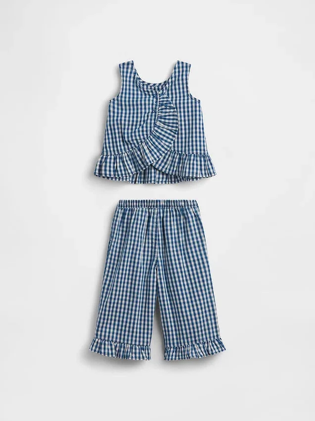Conjunto de vaqueros a cuadros vichy con bajo con volantes para bebés y niños pequeños