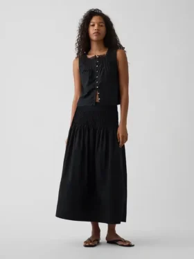 Falda larga de popelín con pliegues
