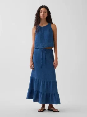 Falda maxi holgada con volantes de gasa de algodón vaquera