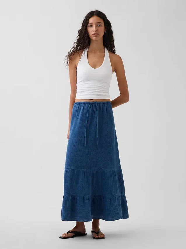 Falda maxi holgada con volantes de gasa de algodón vaquera