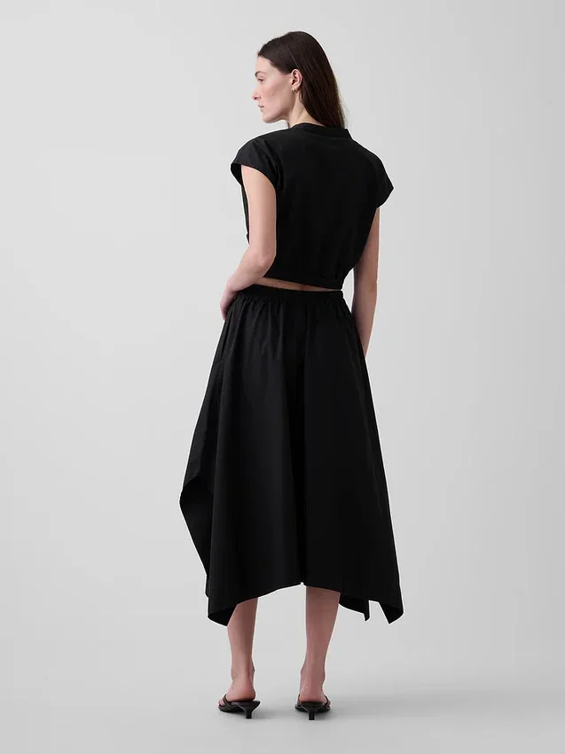Falda midi de popelín con bajo en forma de pañuelo
