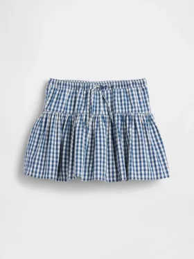 Faldapantalón infantil de denim a cuadros vichy con volantes