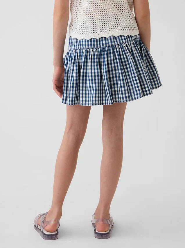 Faldapantalón infantil de denim a cuadros vichy con volantes