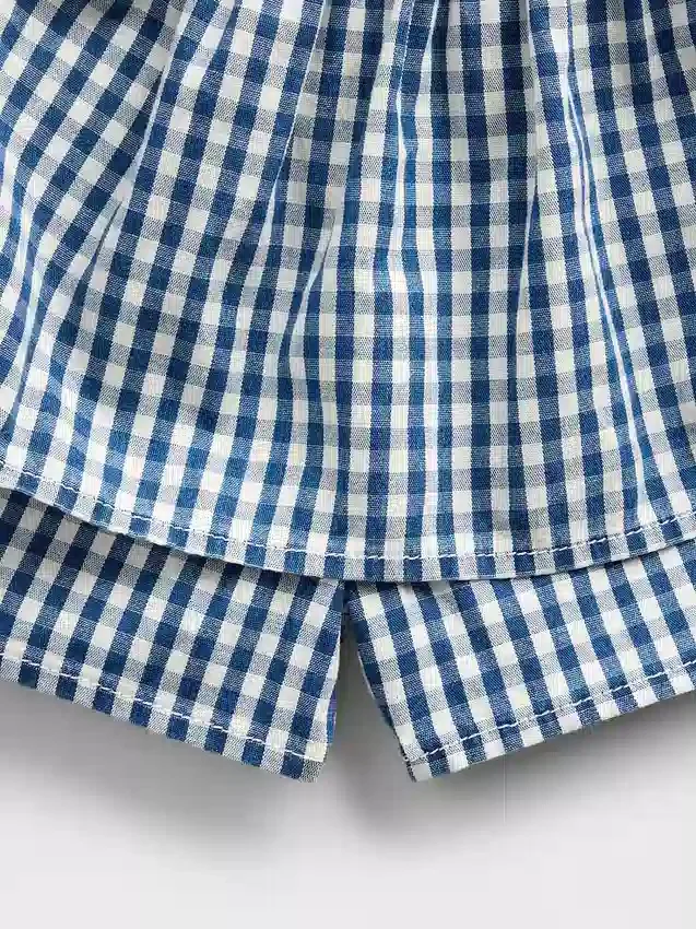 Faldapantalón infantil de denim a cuadros vichy con volantes