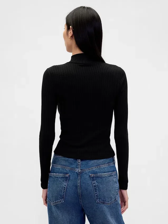 Jersey de cuello alto corto de punto acanalado con punto calado