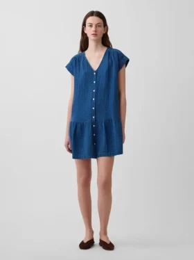 Minivestido camisero de denim de gasa de algodón con cintura baja