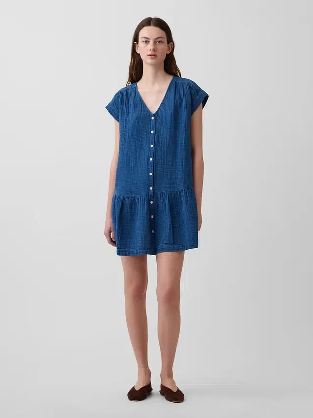 Minivestido camisero de denim de gasa de algodón con cintura baja