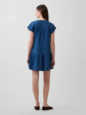 Minivestido camisero de denim de gasa de algodón con cintura baja