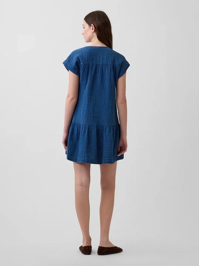 Minivestido camisero de denim de gasa de algodón con cintura baja