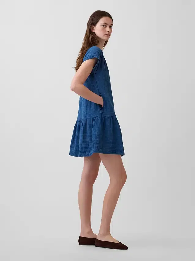 Minivestido camisero de denim de gasa de algodón con cintura baja