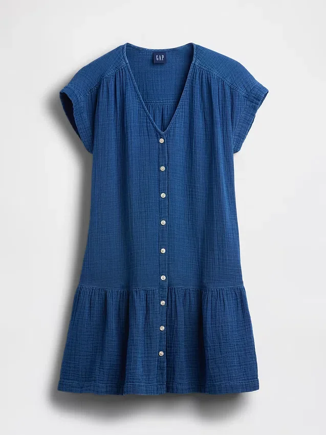 Minivestido camisero de denim de gasa de algodón con cintura baja