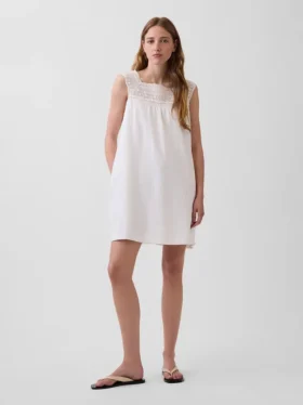 Minivestido con canesú de ganchillo de mezcla de lino