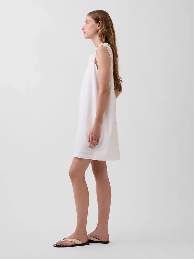 Minivestido con canesú de ganchillo de mezcla de lino