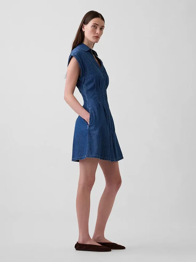 Minivestido de camisa vaquera plisado