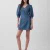 Minivestido de denim ultrasuave con mangas abullonadas
