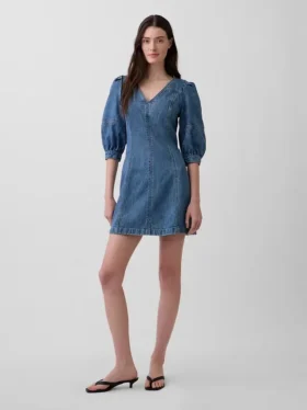 Minivestido de denim ultrasuave con mangas abullonadas