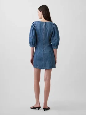 Minivestido de denim ultrasuave con mangas abullonadas
