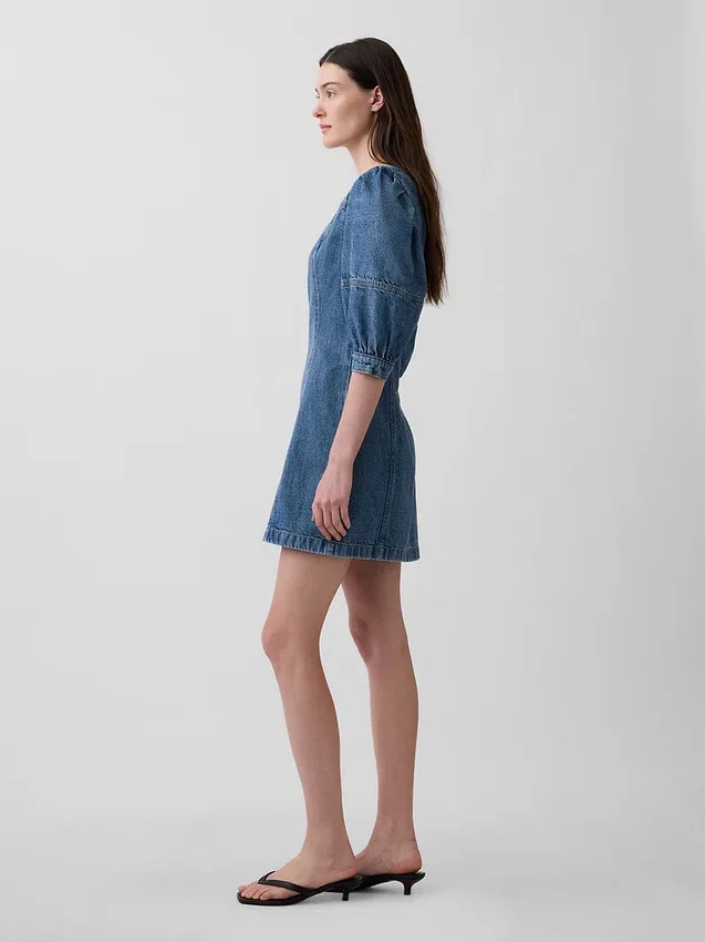Minivestido de denim ultrasuave con mangas abullonadas