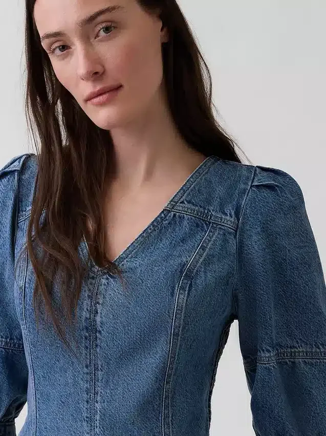 Minivestido de denim ultrasuave con mangas abullonadas