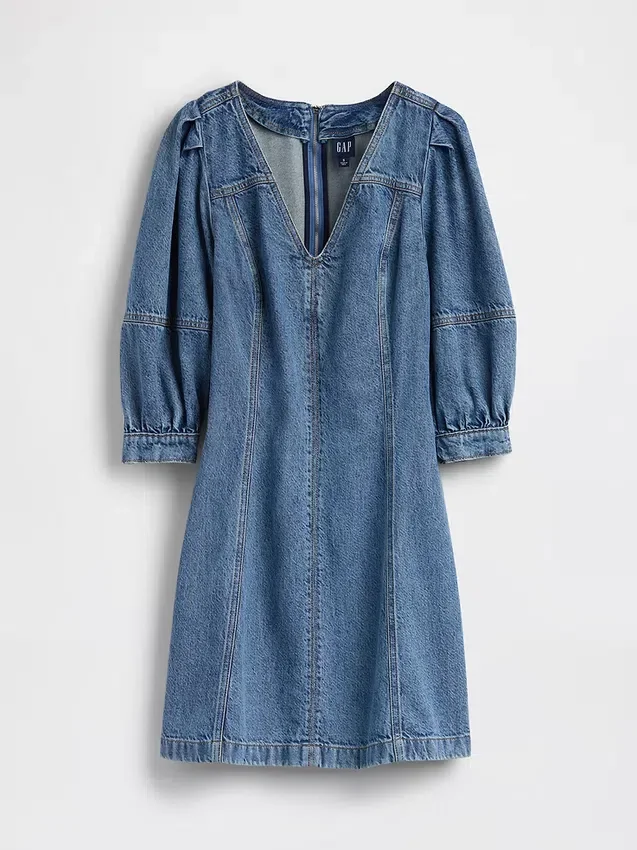 Minivestido de denim ultrasuave con mangas abullonadas