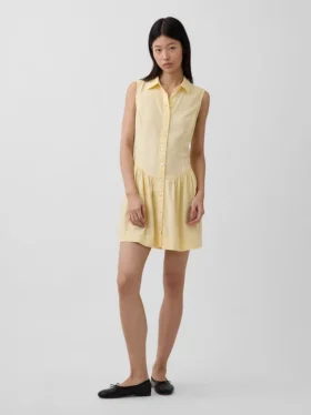 Minivestido tipo camisa de cintura baja en mezcla de lino