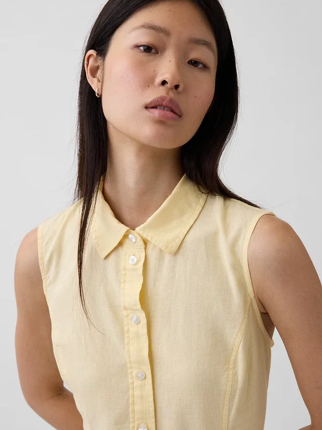Minivestido tipo camisa de cintura baja en mezcla de lino