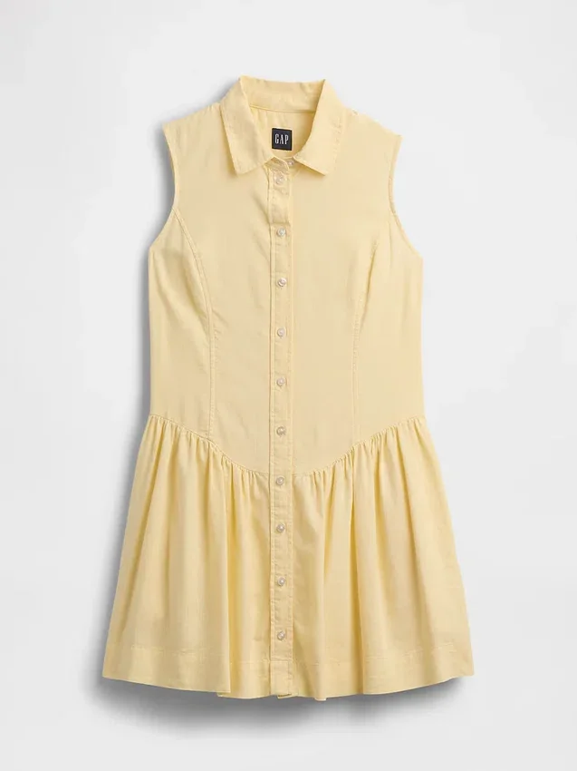 Minivestido tipo camisa de cintura baja en mezcla de lino
