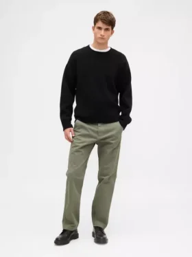 Pantalones caqui rectos de corte holgado en sarga de peso pesado