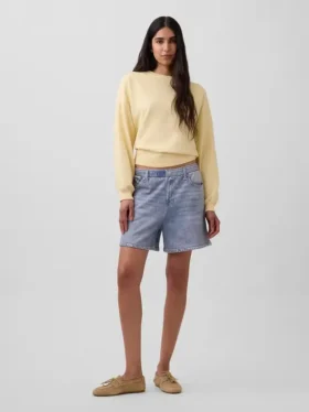 Pantalones cortos cómodos de punto estampado con efecto vaquero, de talle medio (5")