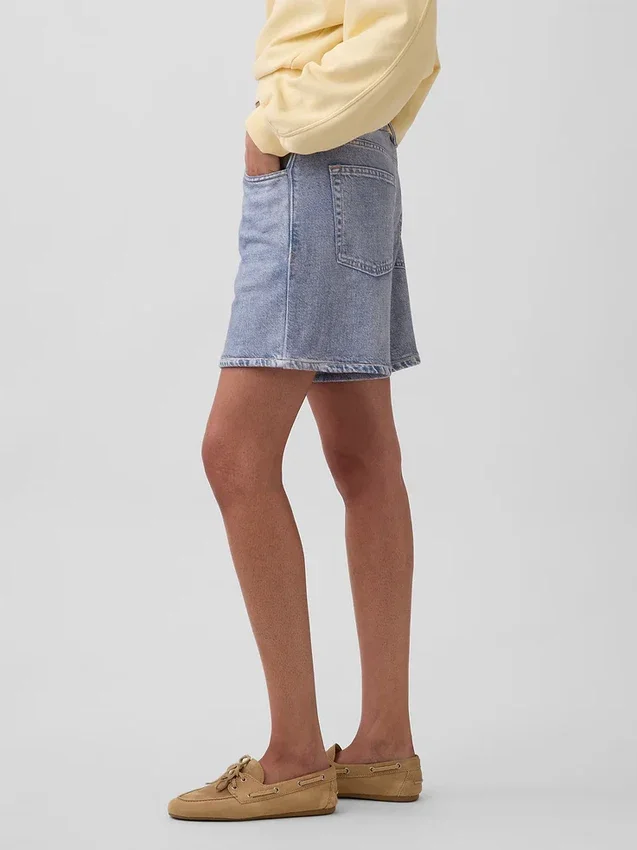 Pantalones cortos cómodos de punto estampado con efecto vaquero, de talle medio (5")