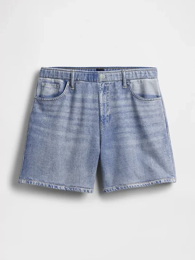 Pantalones cortos cómodos de punto estampado con efecto vaquero, de talle medio (5")
