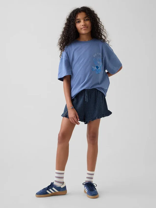 Pantalones cortos de denim de gasa de algodón para niños con volantes
