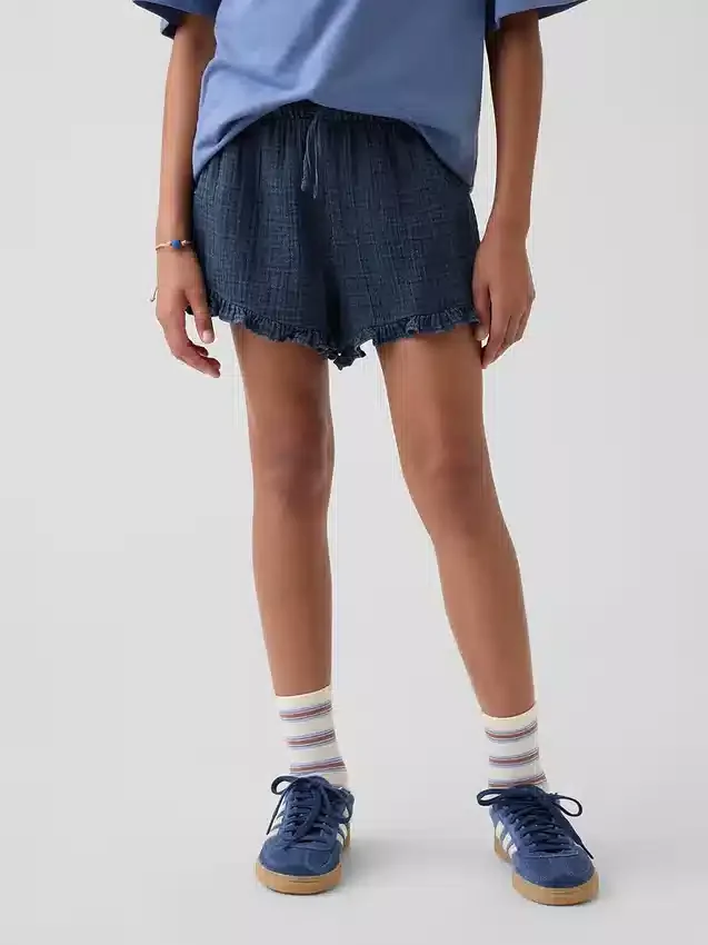 Pantalones cortos de denim de gasa de algodón para niños con volantes
