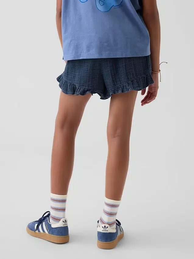 Pantalones cortos de denim de gasa de algodón para niños con volantes