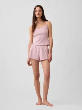 Pantalones cortos de pijama de punto pointelle con bajo ondulado