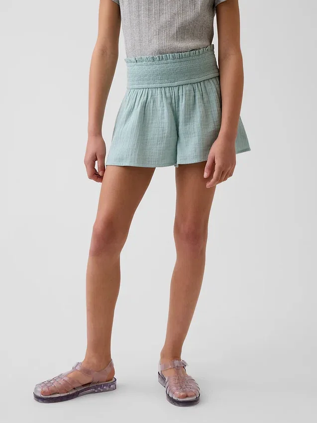 Pantalones cortos infantiles de gasa de algodón con bajo en forma de mariposa
