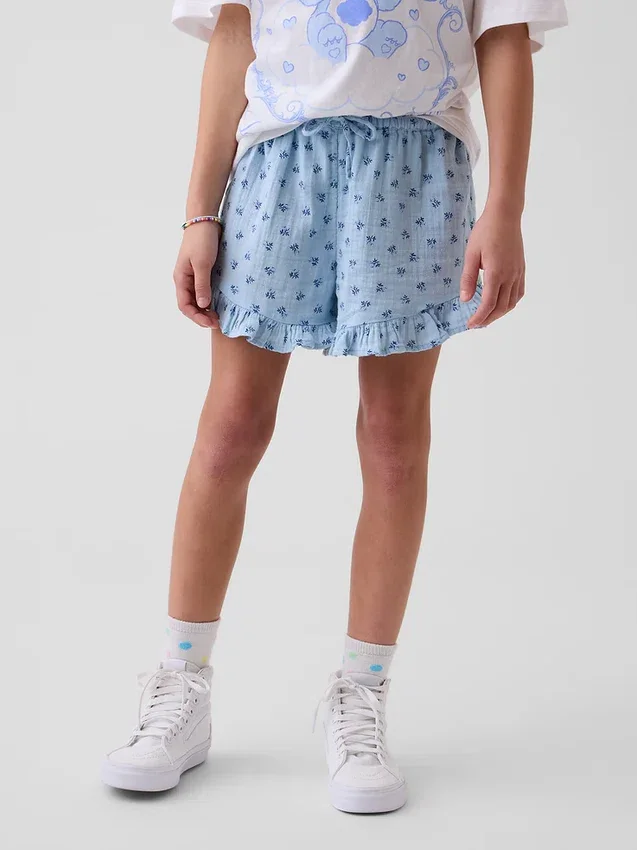 Pantalones cortos infantiles de gasa de algodón con volantes