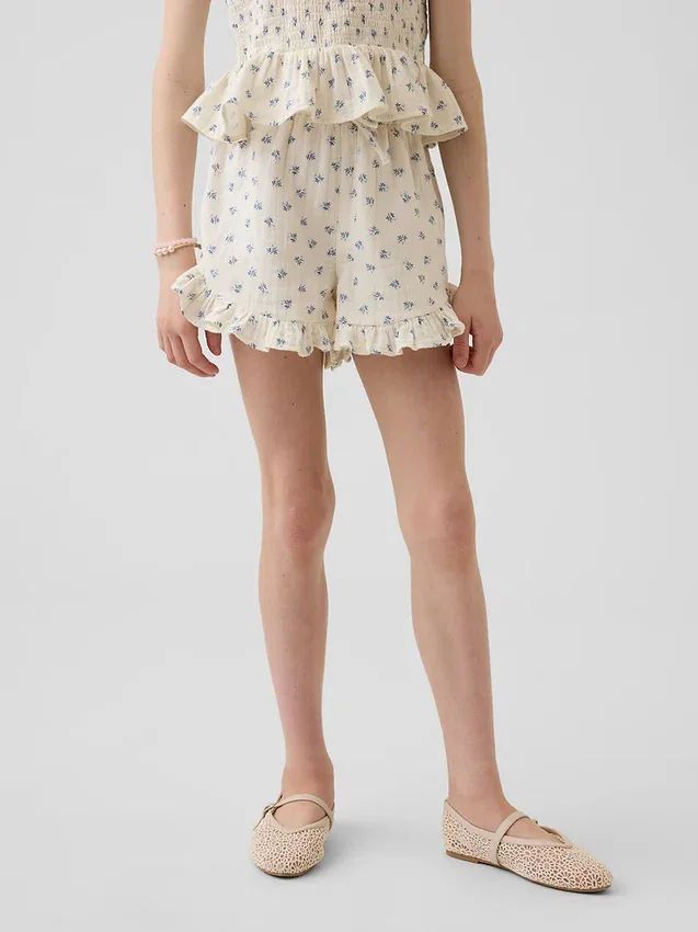 Pantalones cortos infantiles de gasa de algodón con volantes