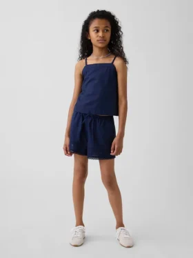 Pantalones cortos infantiles de lino y algodón con ribete de encaje