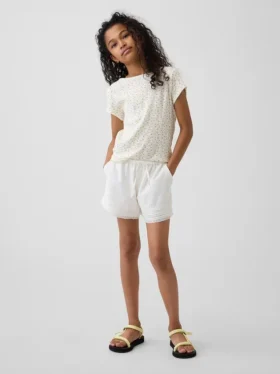 Pantalones cortos infantiles de lino y algodón con ribete de encaje