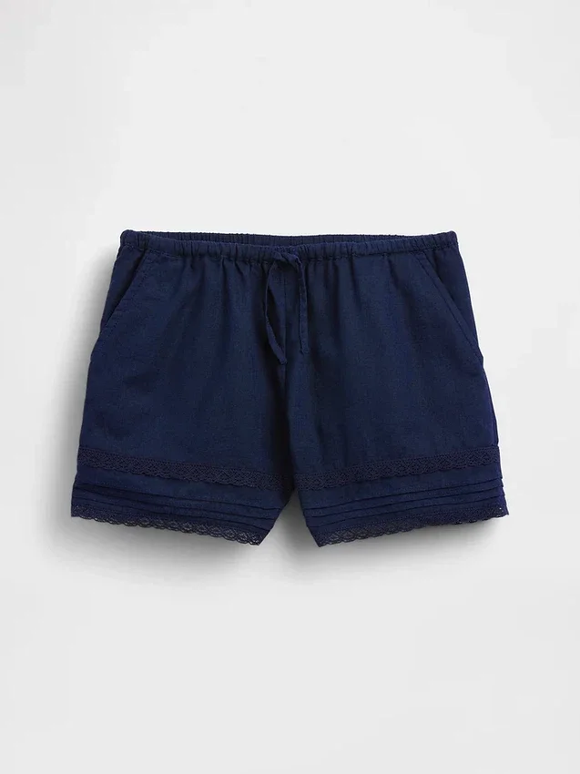Pantalones cortos infantiles de lino y algodón con ribete de encaje