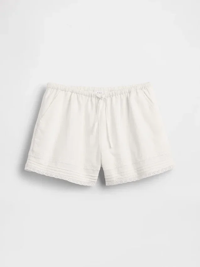 Pantalones cortos infantiles de lino y algodón con ribete de encaje