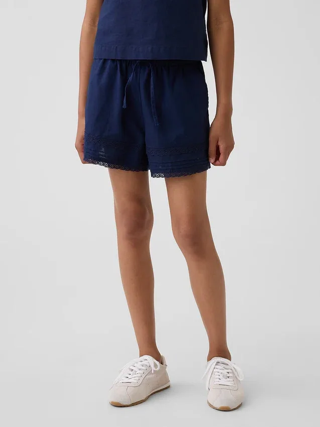 Pantalones cortos infantiles de lino y algodón con ribete de encaje