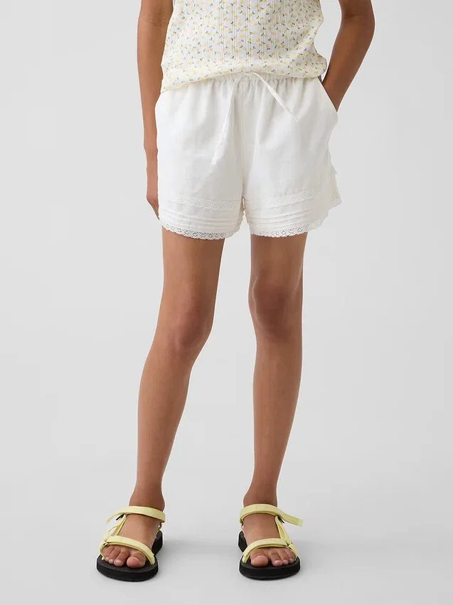 Pantalones cortos infantiles de lino y algodón con ribete de encaje