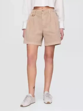 Pantalones cortos plisados de sarga de talle medio (6″)