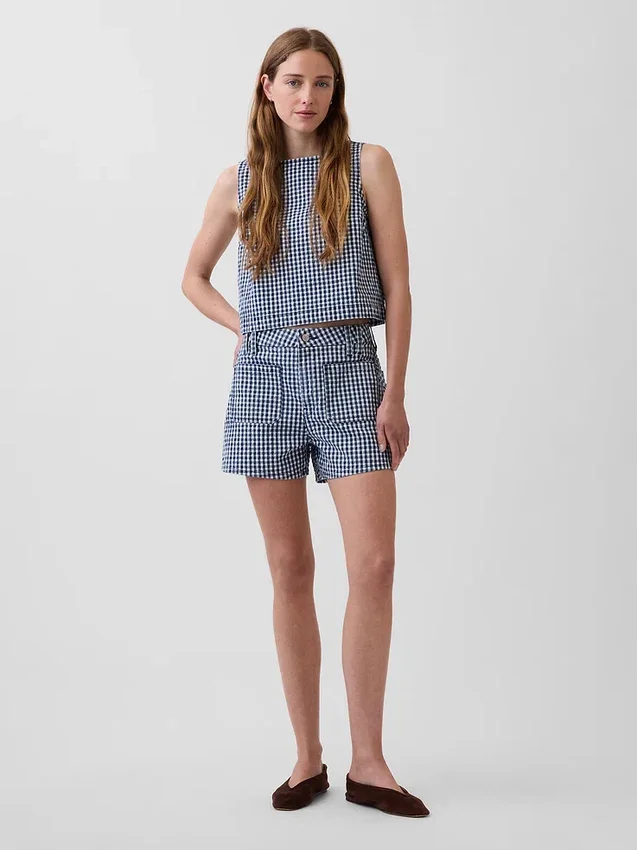 Pantalones cortos vaqueros rectos holgados de cuadros vichy con cintura alta de 3,5"