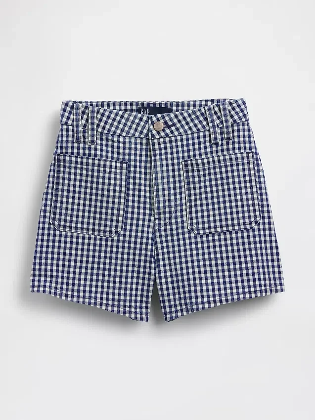 Pantalones cortos vaqueros rectos holgados de cuadros vichy con cintura alta de 3,5"